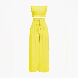 Yellow Smocked L mc5 Ruched Tube Top And Tie Front Wide Leg Trousers Set